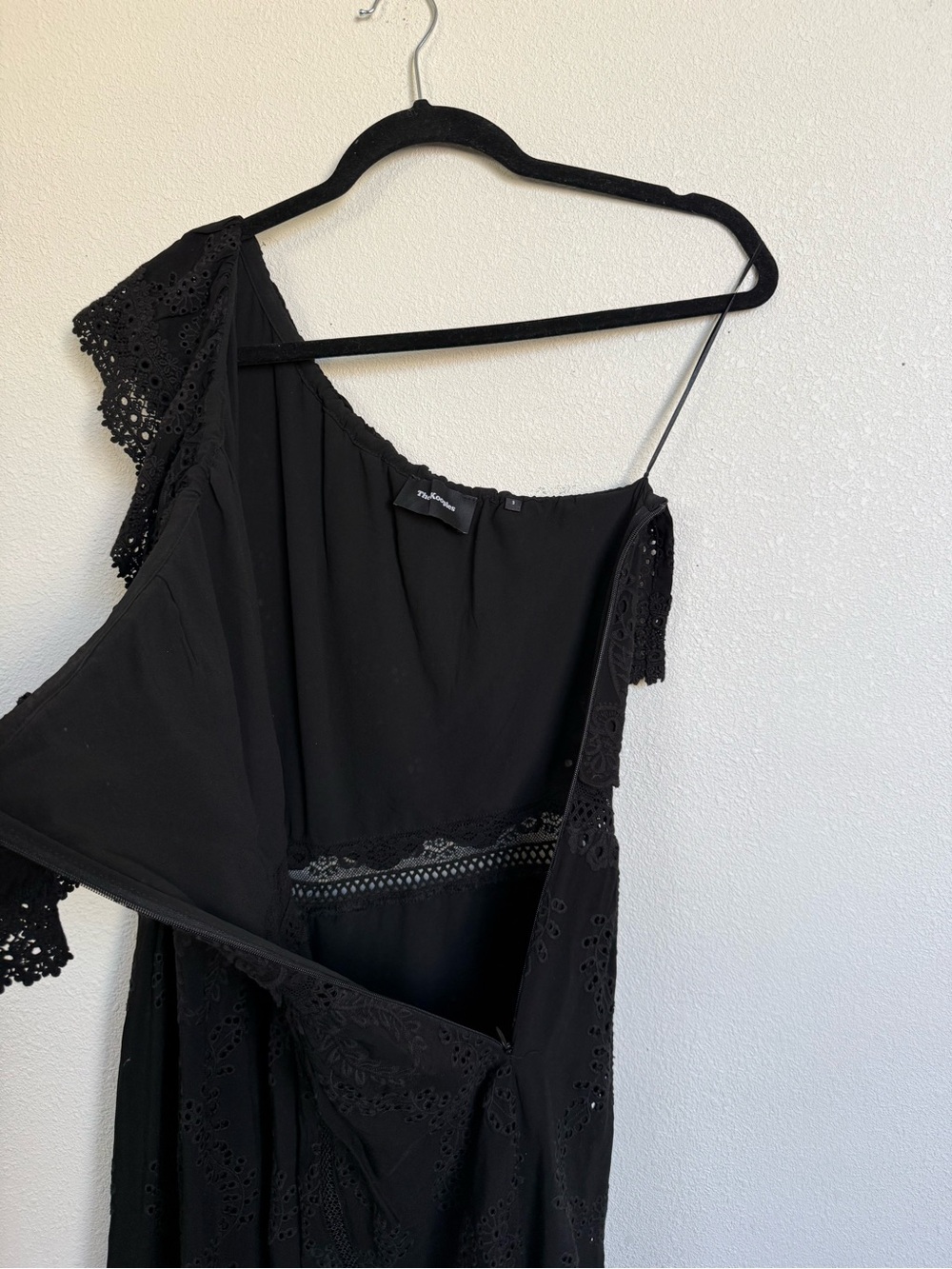 The Kooples Black Eyelet One Shoulder High Low Midi Dress Sz 3 - Picture 8 of 13
